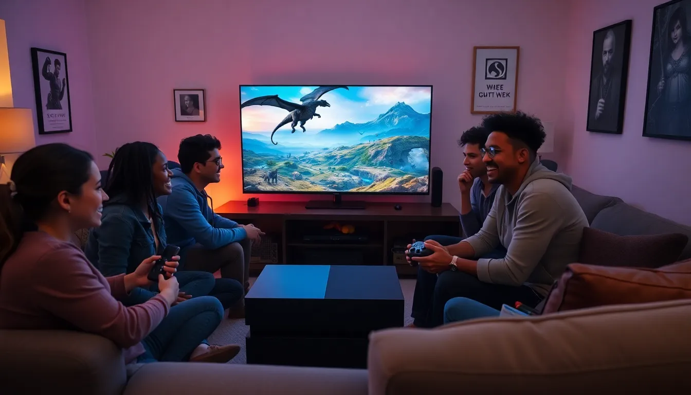 diverse gamers enjoying Skyrim on Xbox One in a cozy living room.
