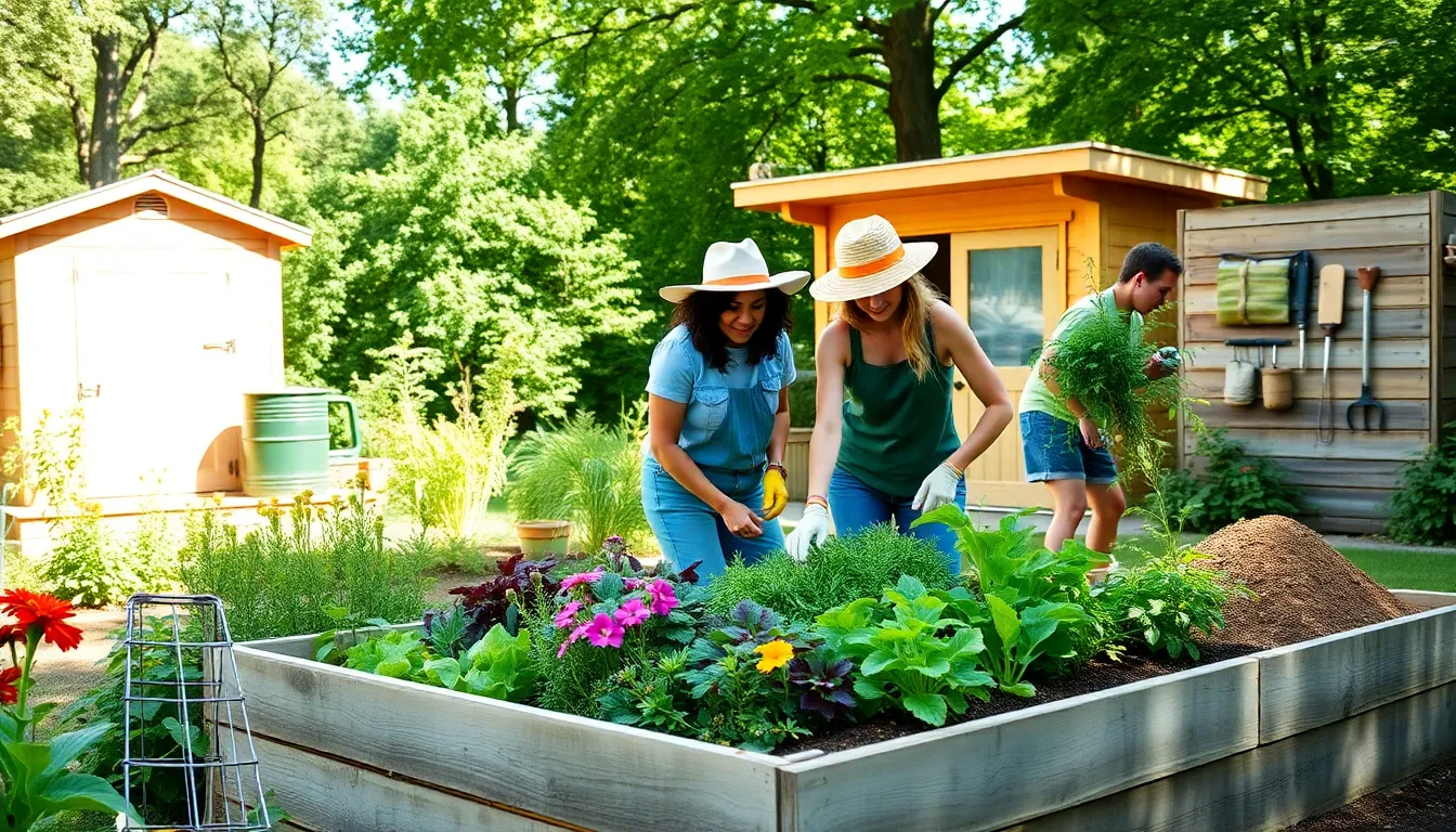 diverse gardeners practicing sustainable gardening in a vibrant garden.