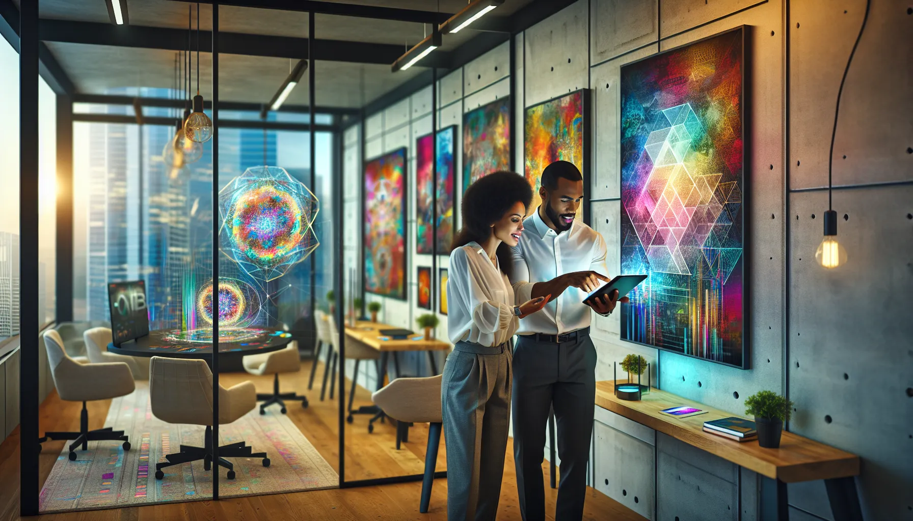 diverse professionals discussing digital art in a modern workspace.