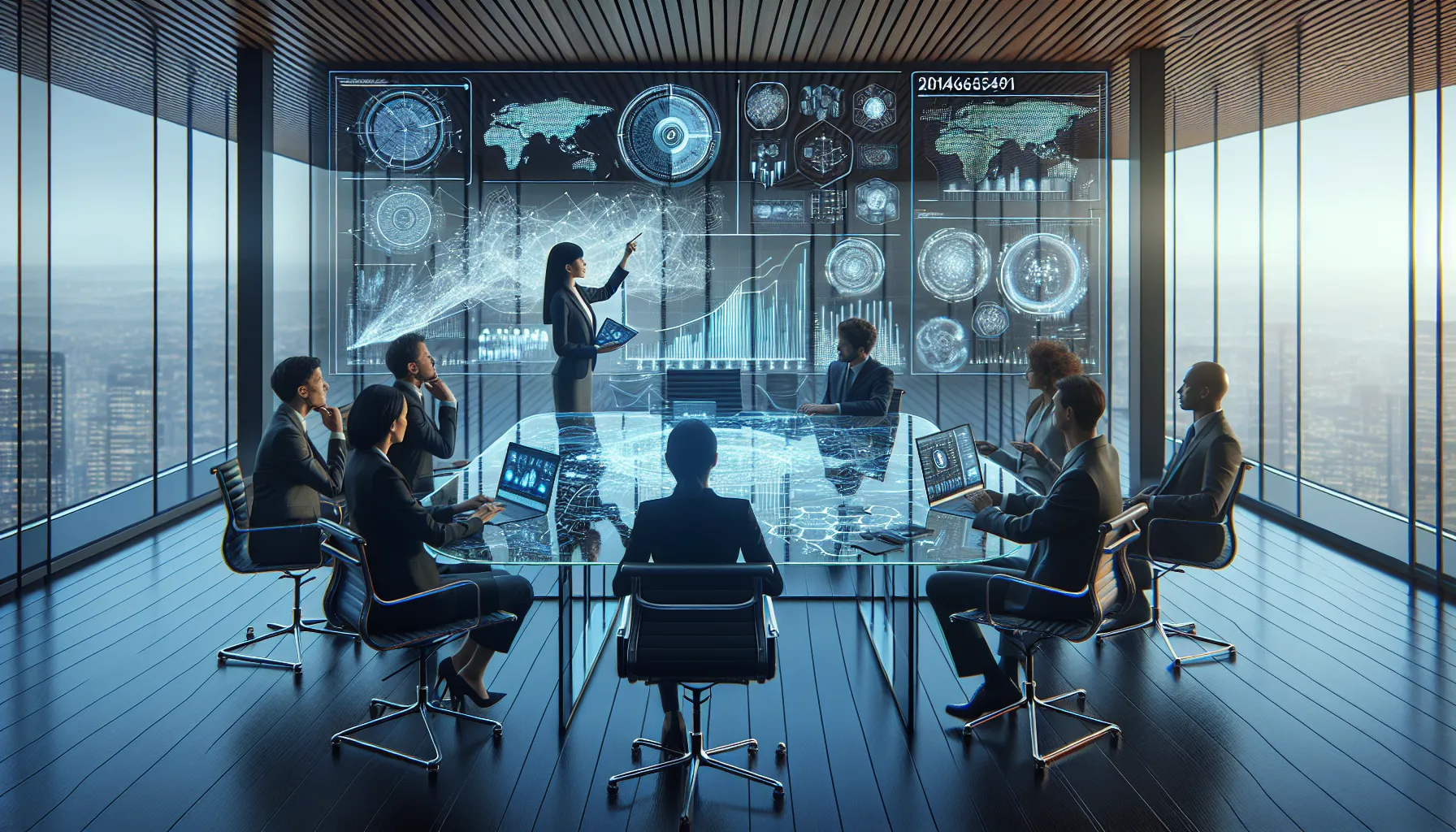 diverse professionals discussing data analysis in a modern conference room.