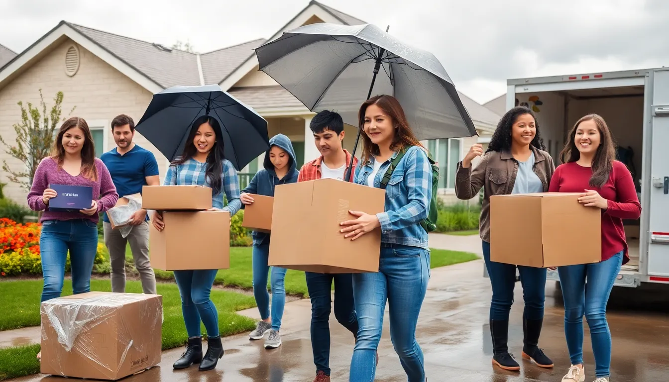 team navigating boxes outside in the rain on a moving day.