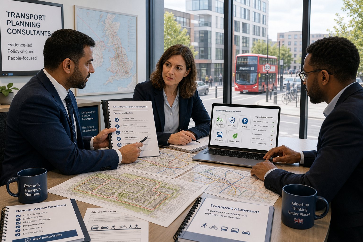Consultants reviewing UK transport planning documents in a modern office.