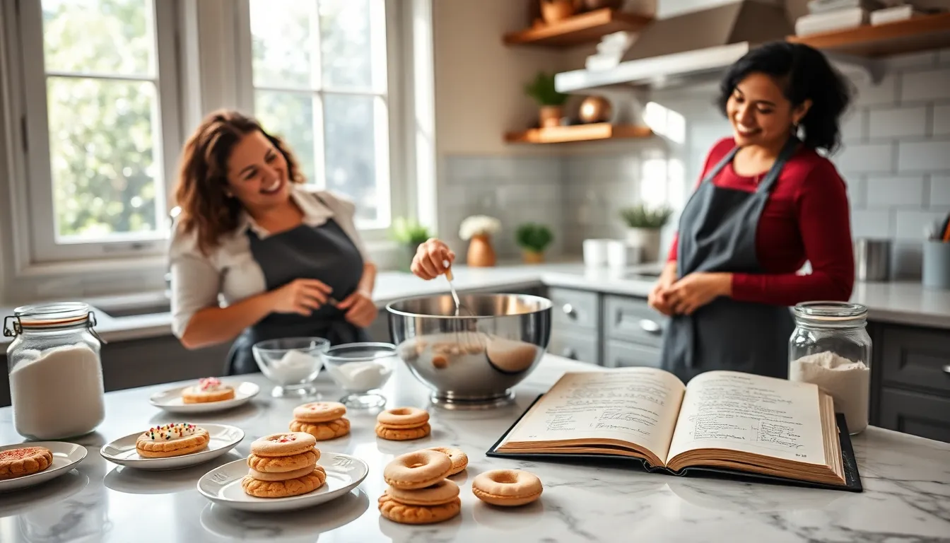 diverse bakers creating cookies in a bright kitchen setting.
