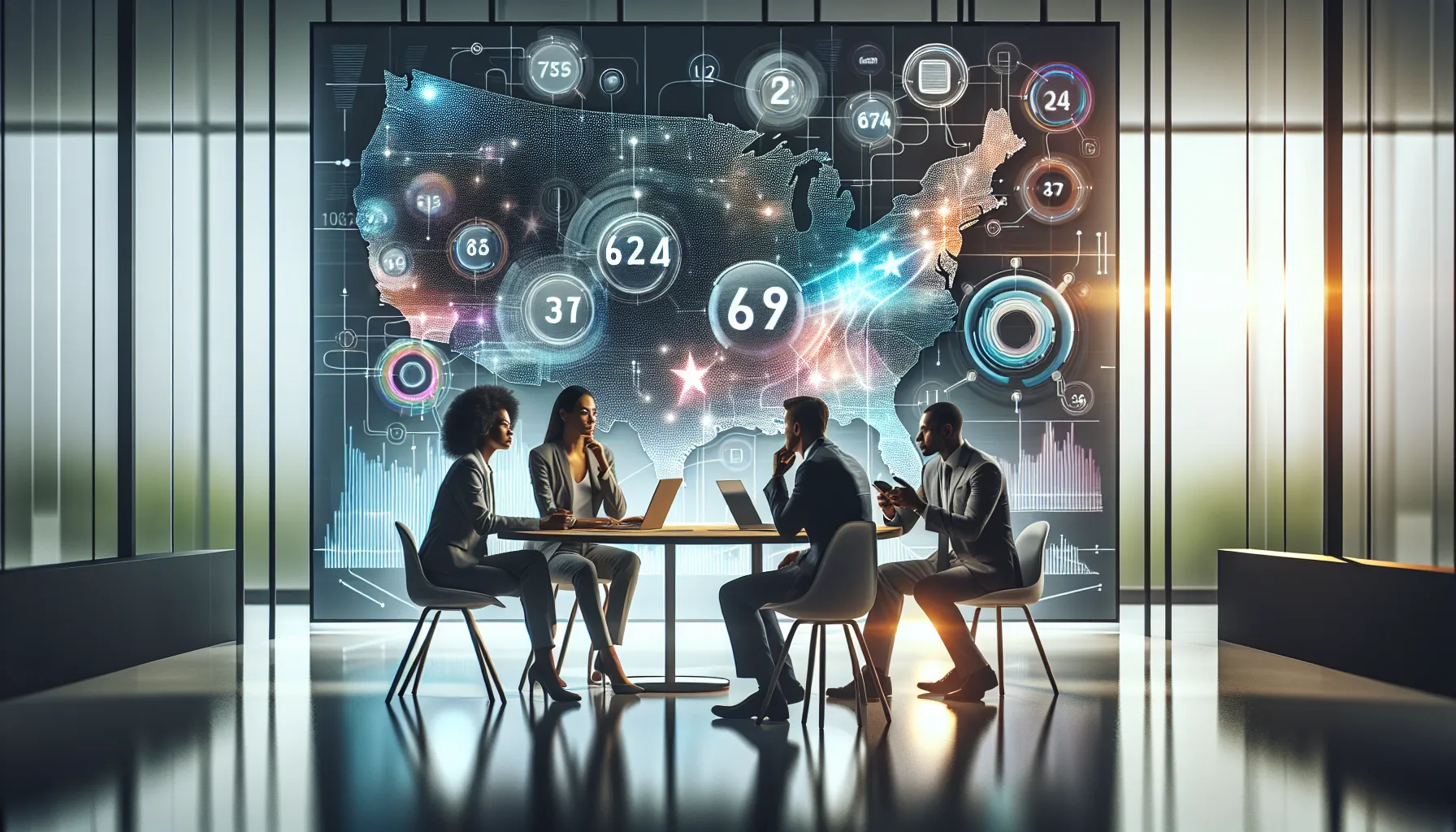 Professionals discussing area codes in a modern office setting.