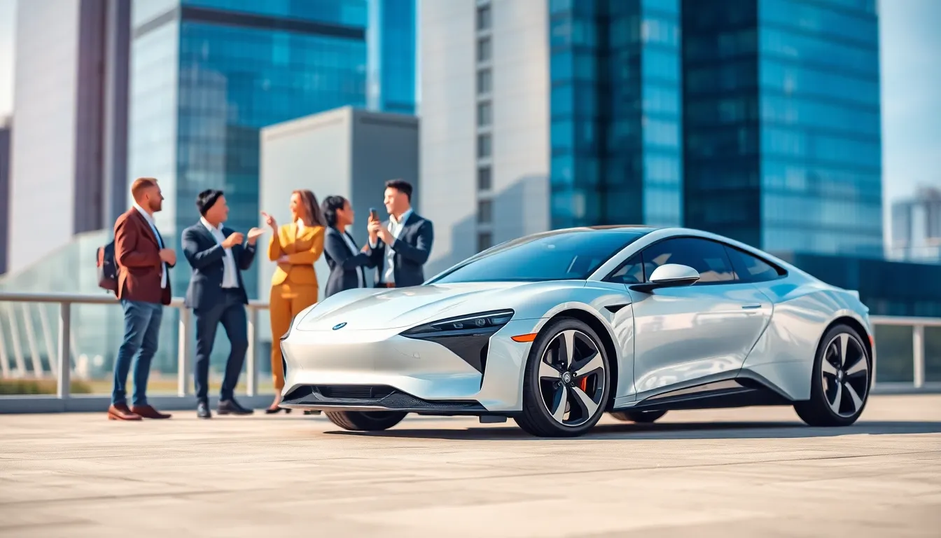 modern electric vehicle showcased in a vibrant urban setting with professionals discussing.