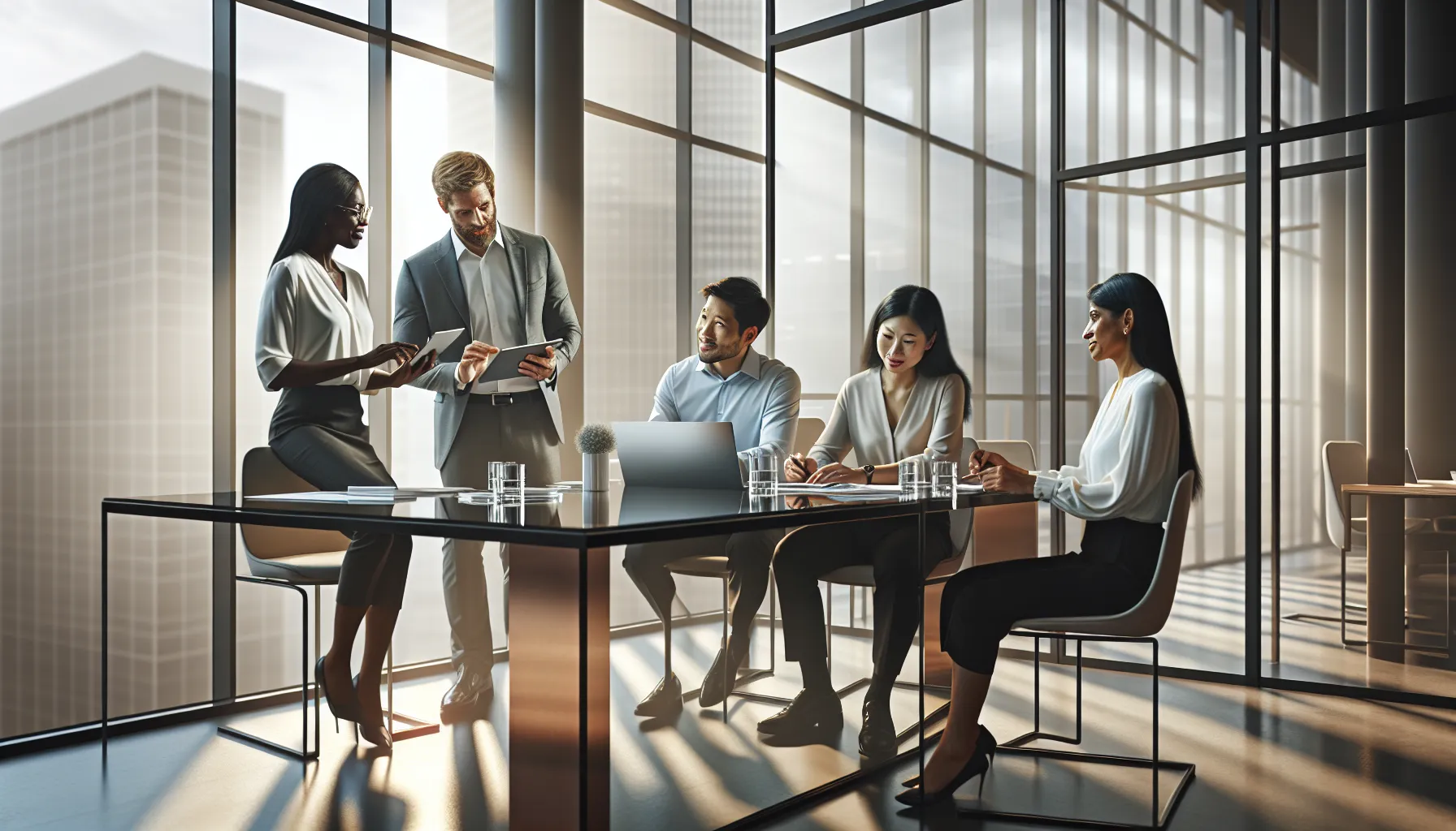 diverse team discussing in a modern office setting.