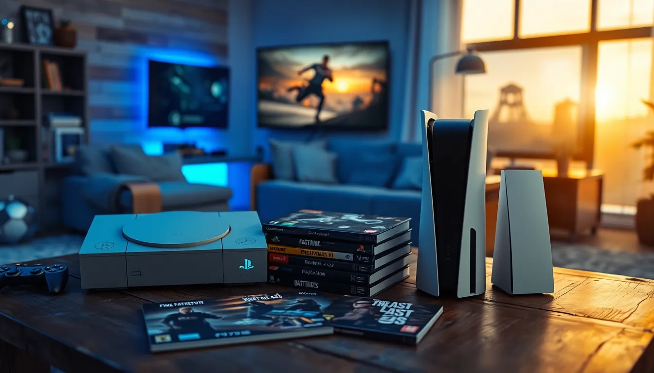 a vintage PlayStation console next to a modern PlayStation 5 in a gaming room.