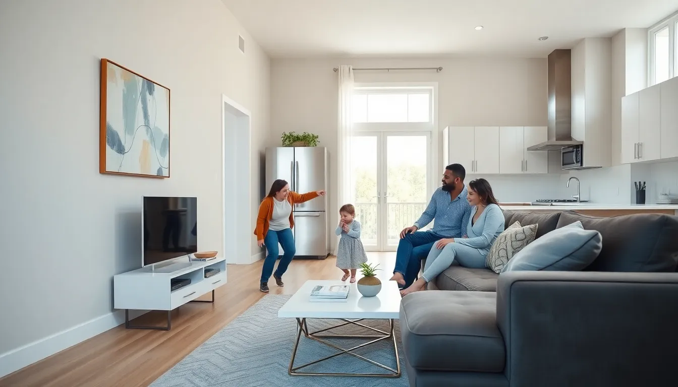 diverse family in a modern middle-class living room.