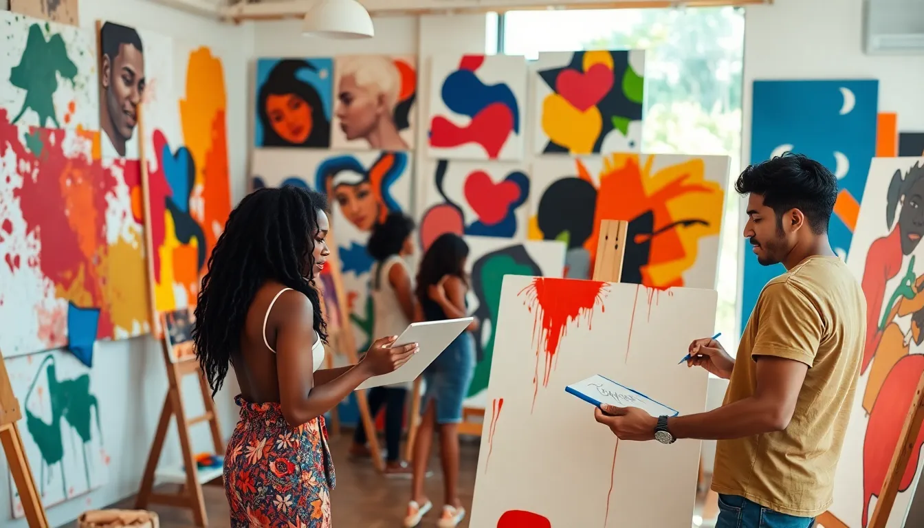 young artists creating diverse artworks in a vibrant studio.