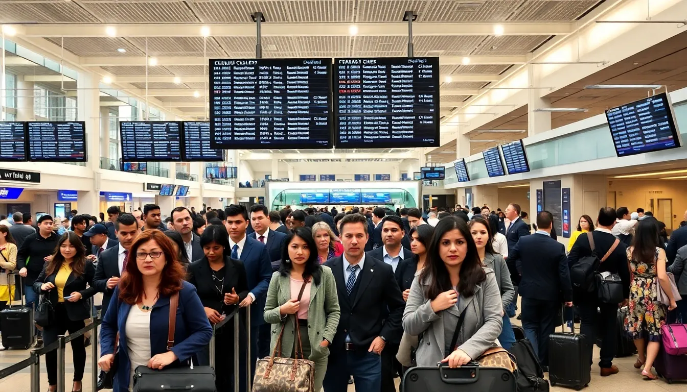 travelers in a crowded airport during a government shutdown.