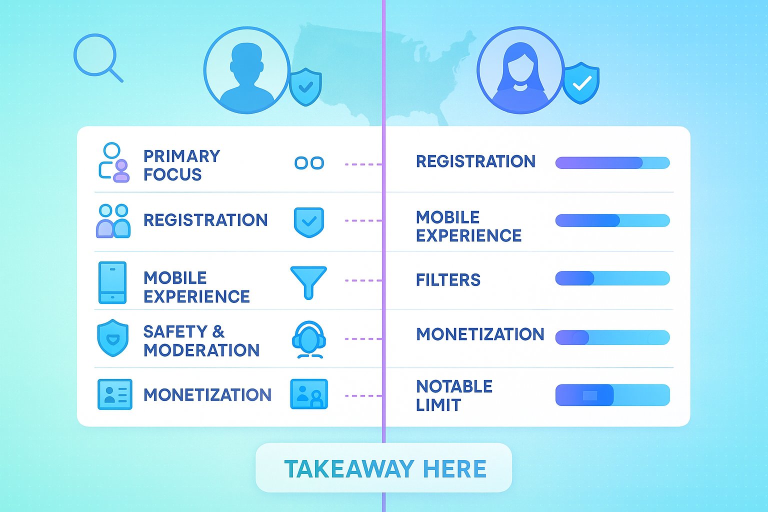 Side-by-side infographic comparing two random video chat services with icons.