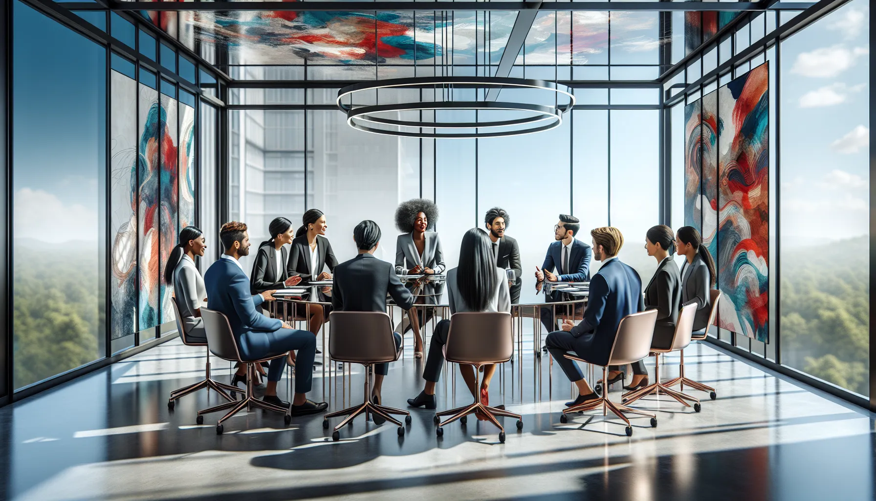 diverse professionals discussing concepts in a modern conference room.