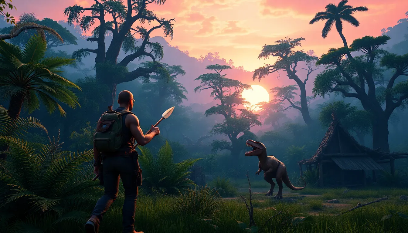 adventurer in a prehistoric landscape with a dinosaur in the background.