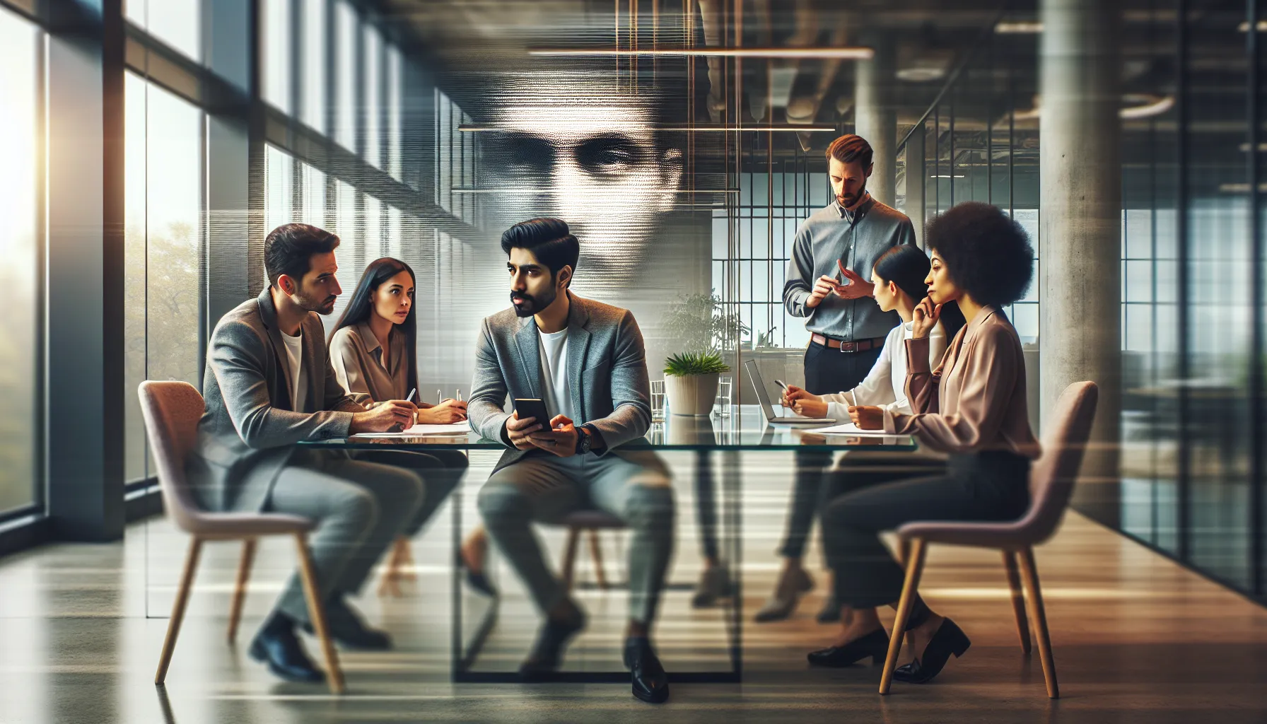 diverse professionals discussing privacy rights in an open office setting.
