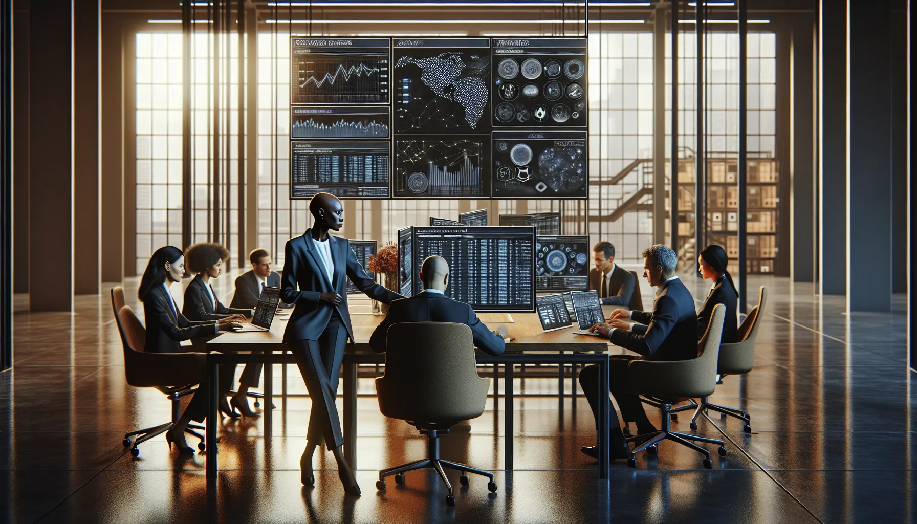 Professional in an office analyzing data with a diverse team collaborating.