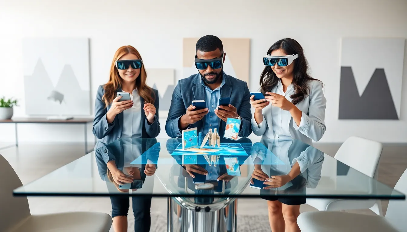 diverse team engaging with augmented reality advertising in a modern office.