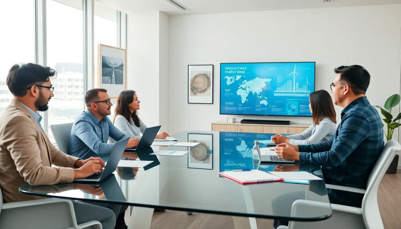 diverse professionals discussing energy solutions in a modern office.