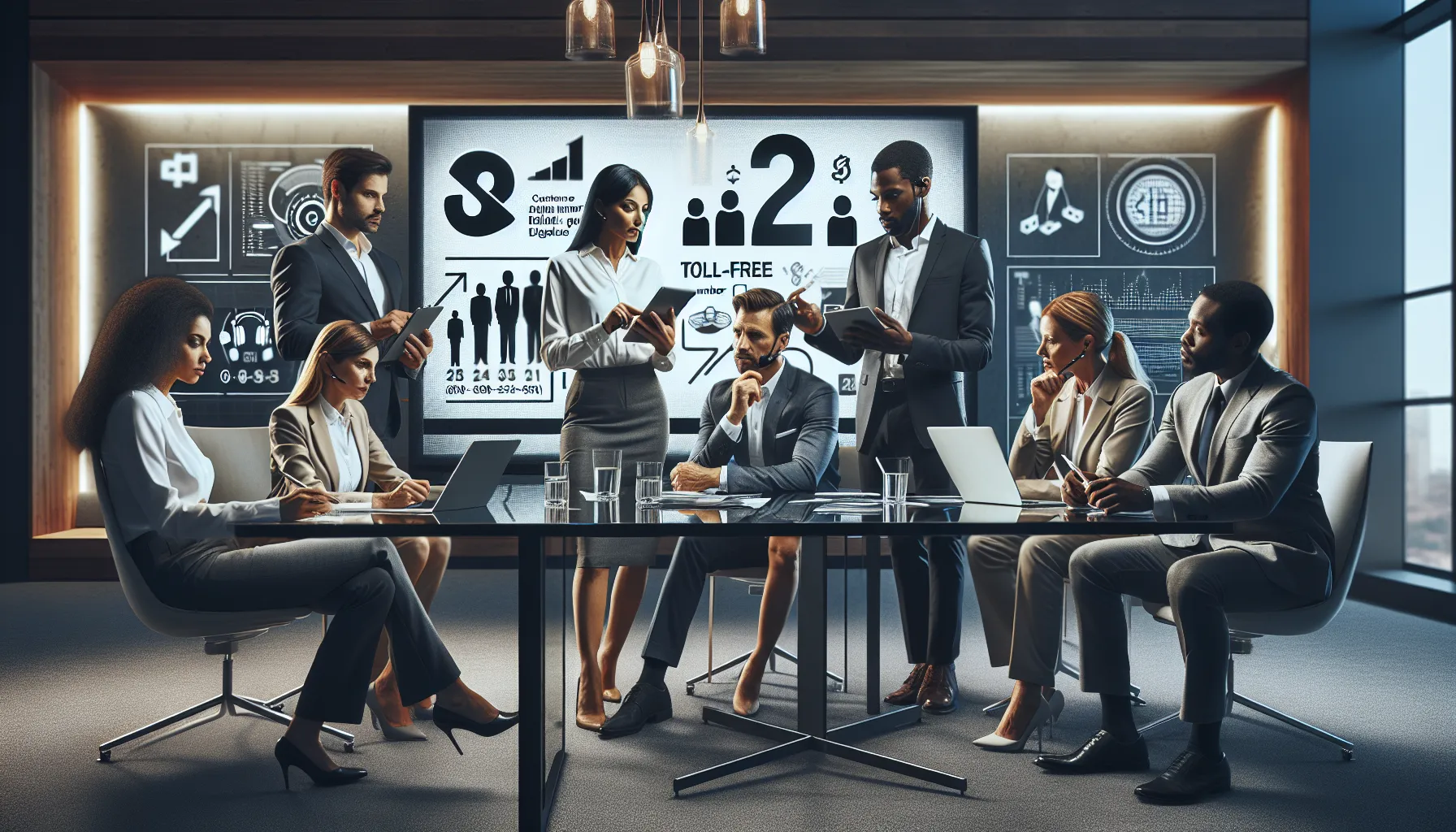 diverse professionals discussing toll-free number concepts in an office.