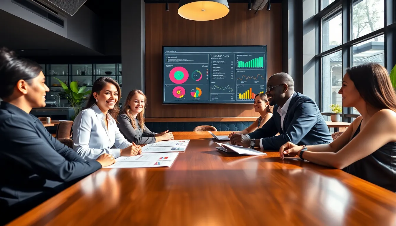 diverse restaurant managers strategizing in a modern meeting room.