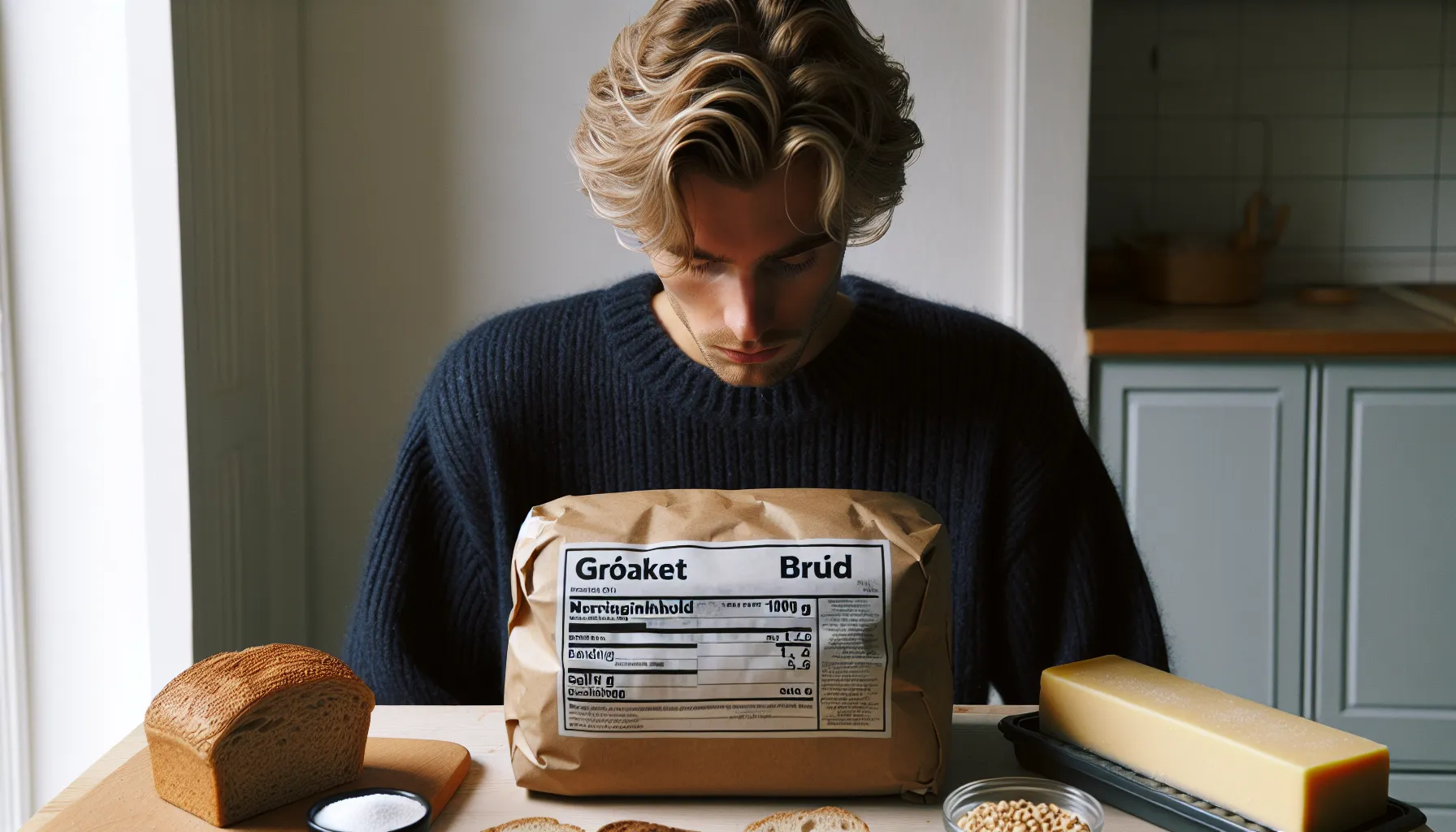 Norwegian adult checking salt on food labels in a sunlit kitchen.