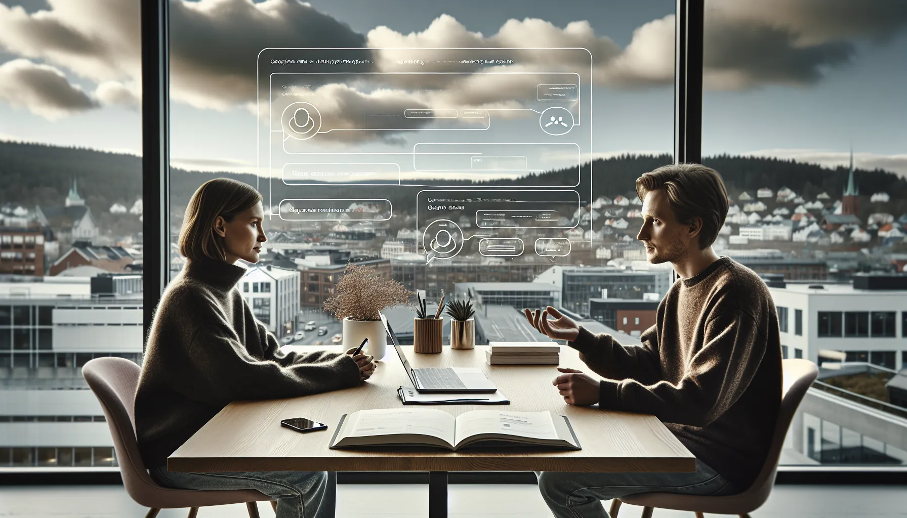 Ux designer and user testing a norwegian chatbot interface in a modern office.