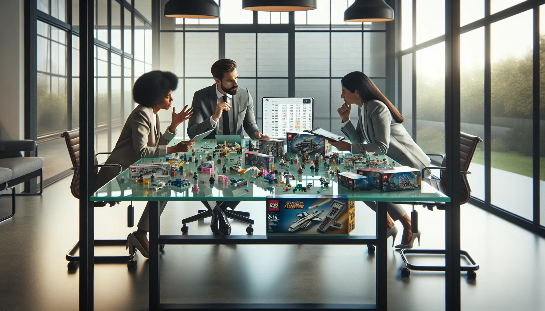 professionals discussing LEGO pricing in a modern office setting.