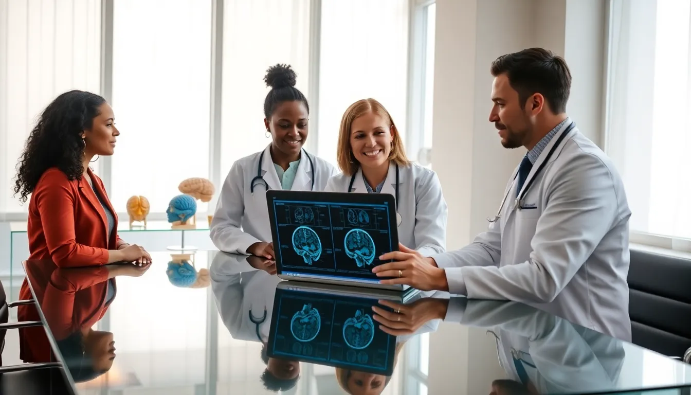 diverse neurologists collaborating in a modern office setting.