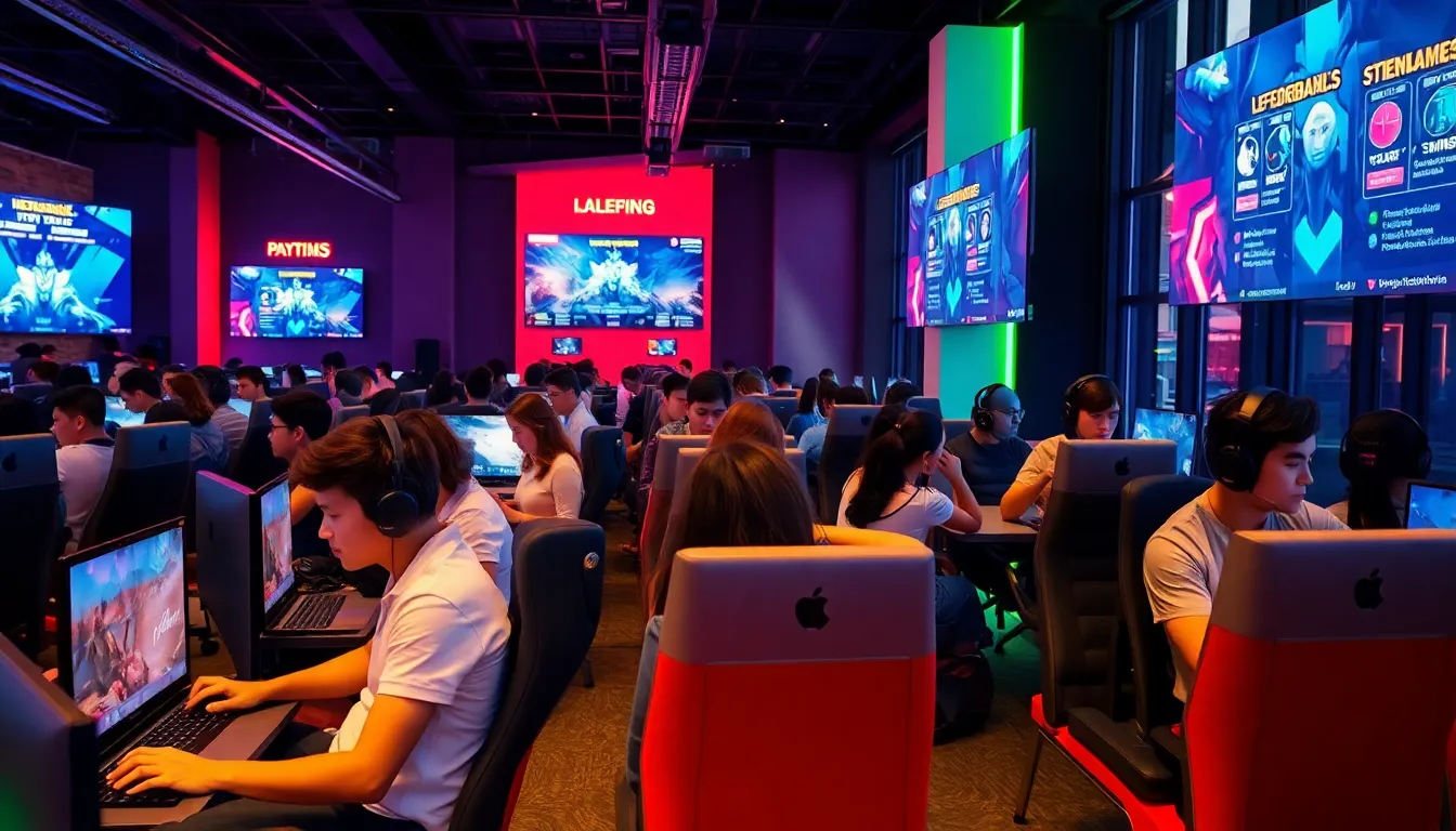 diverse gamers in a modern gaming lounge with consoles and laptops.