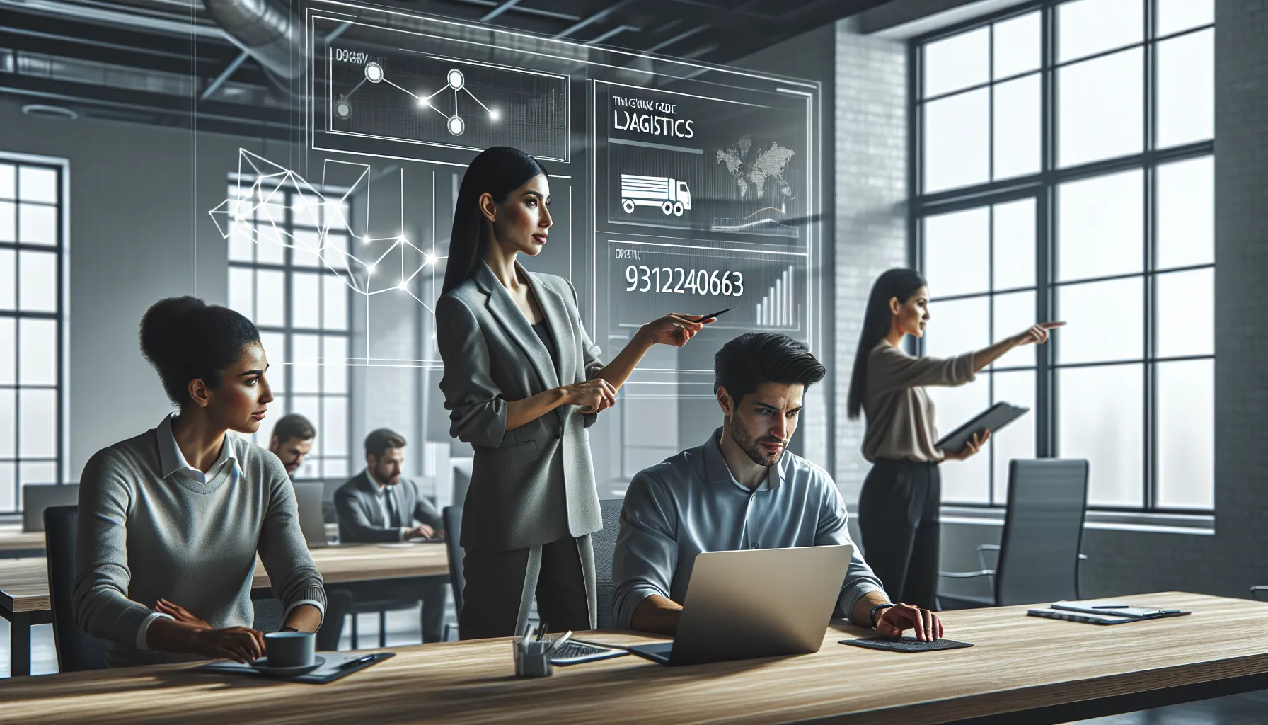 diverse team discussing logistics data in a modern office.