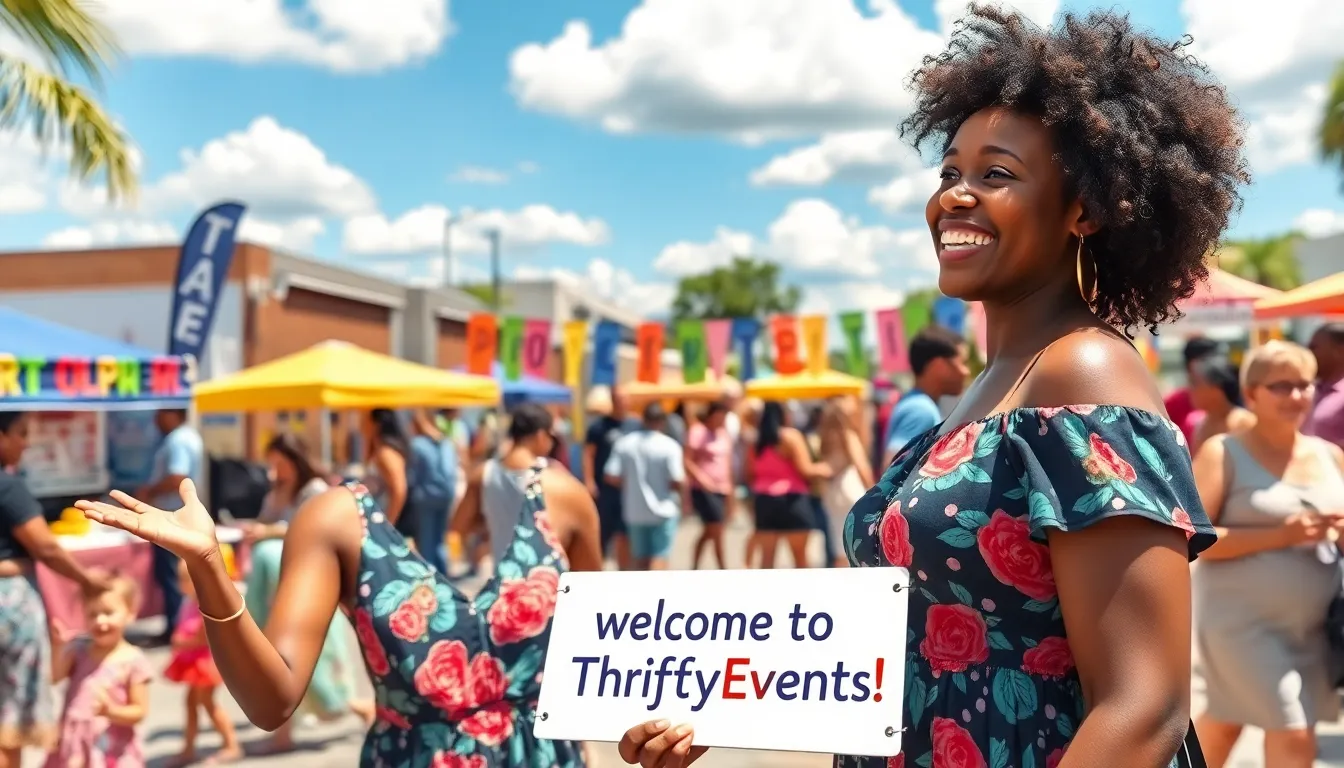 A woman welcoming visitors to a community festival promoting budget-friendly events.