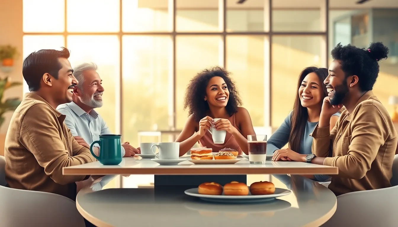 friends enjoying coffee together in a lively caf&eacute; setting.
