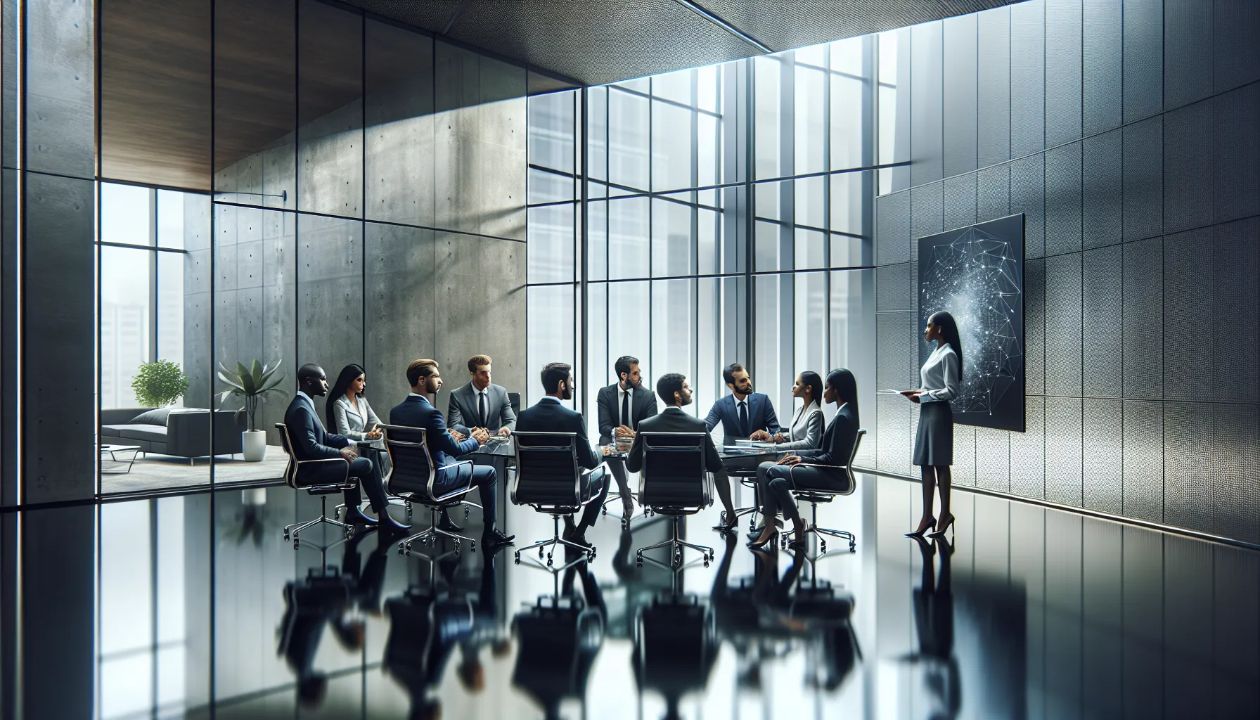 diverse professionals discussing balance in a modern office.