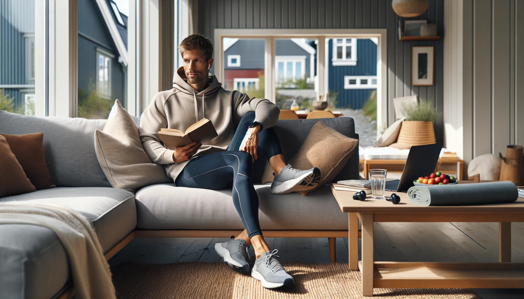 Norwegian adult resting on a sofa after exercise, balancing activity and recovery.