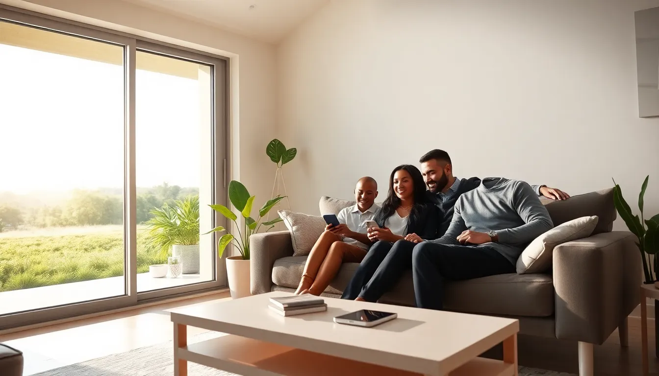 family in a modern home with smart windows adjusting to sunlight.