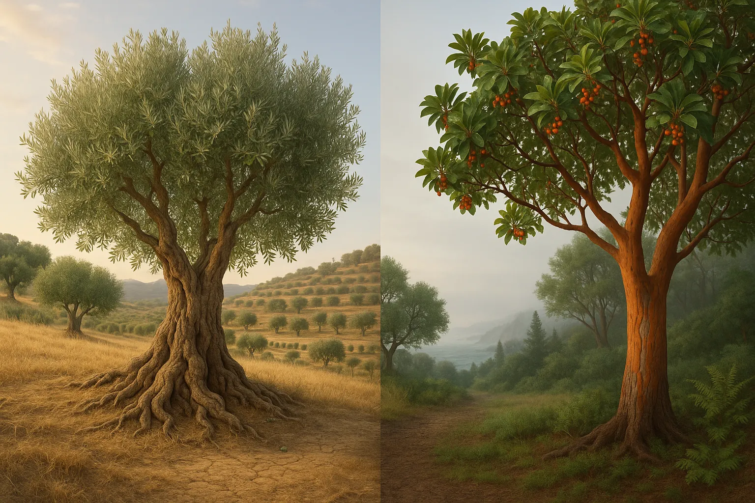 Ancient gnarled olive tree beside a tall red‑barked arbutus in contrasting habitats.