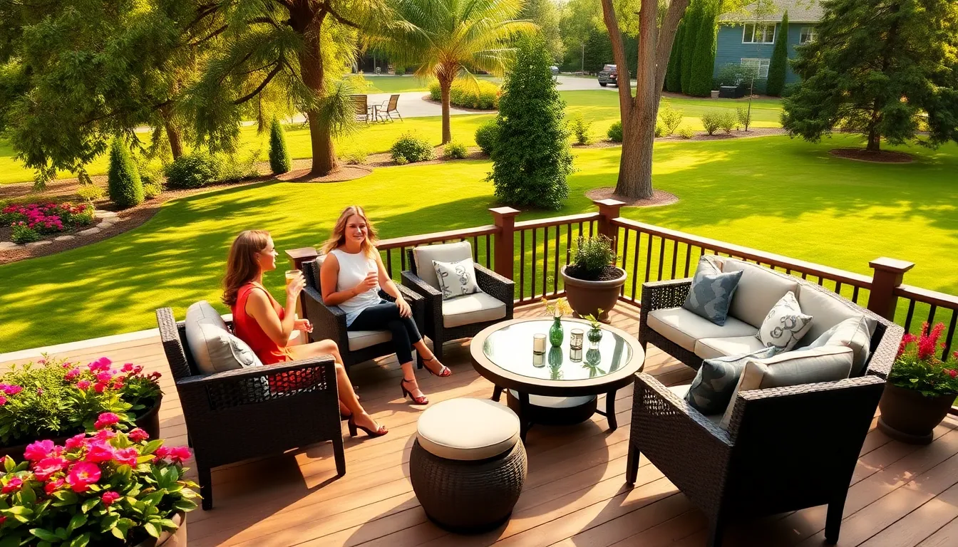 diverse group enjoying a gathering on a stylish backyard deck and patio.