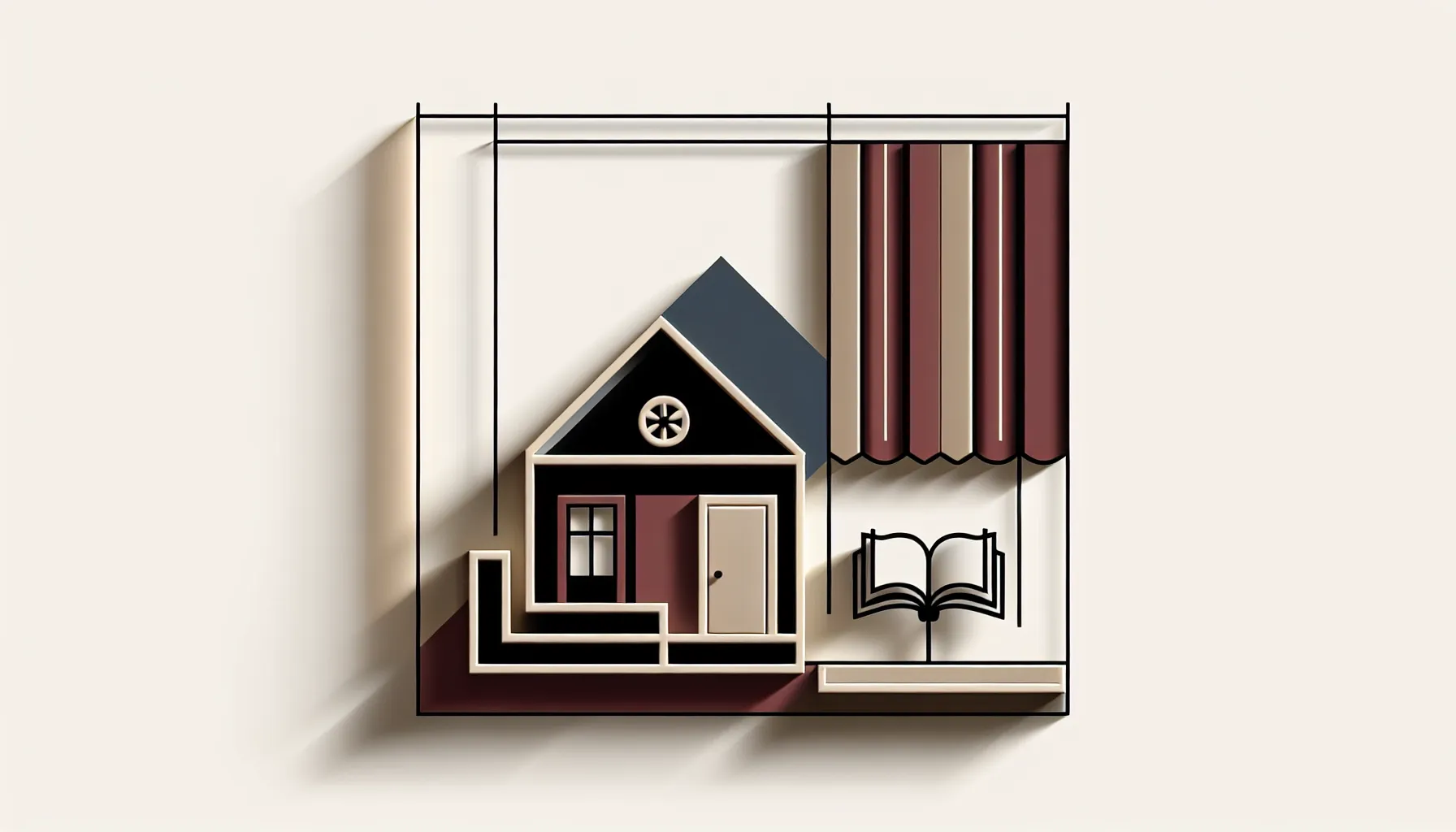 Minimalist dollhouse silhouette with theatrical curtains and open book representing Ibsen's literary work.