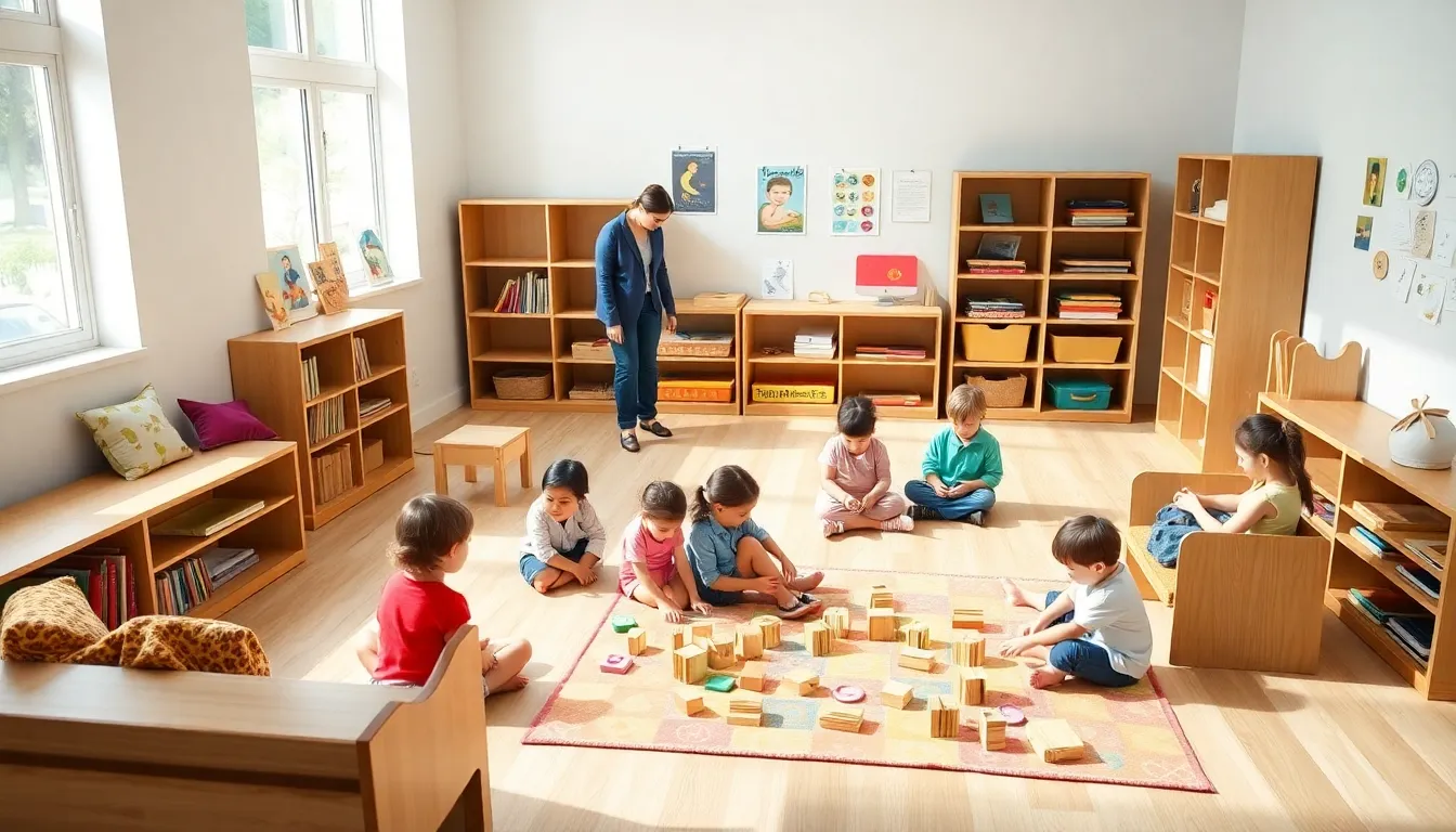 children exploring a Montessori classroom with a supportive educator.