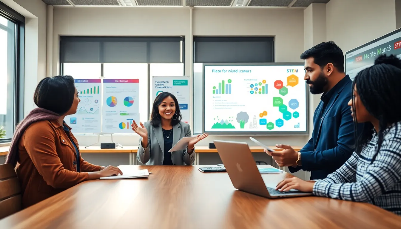 diverse educators collaborating in a modern classroom about STEM education.