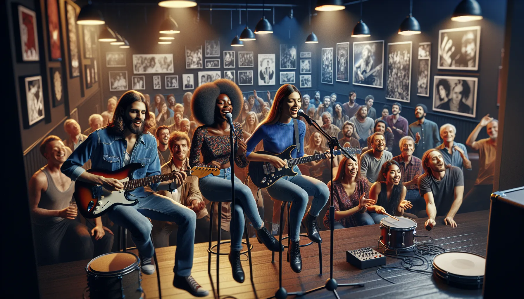 diverse musicians performing at a lively music venue.