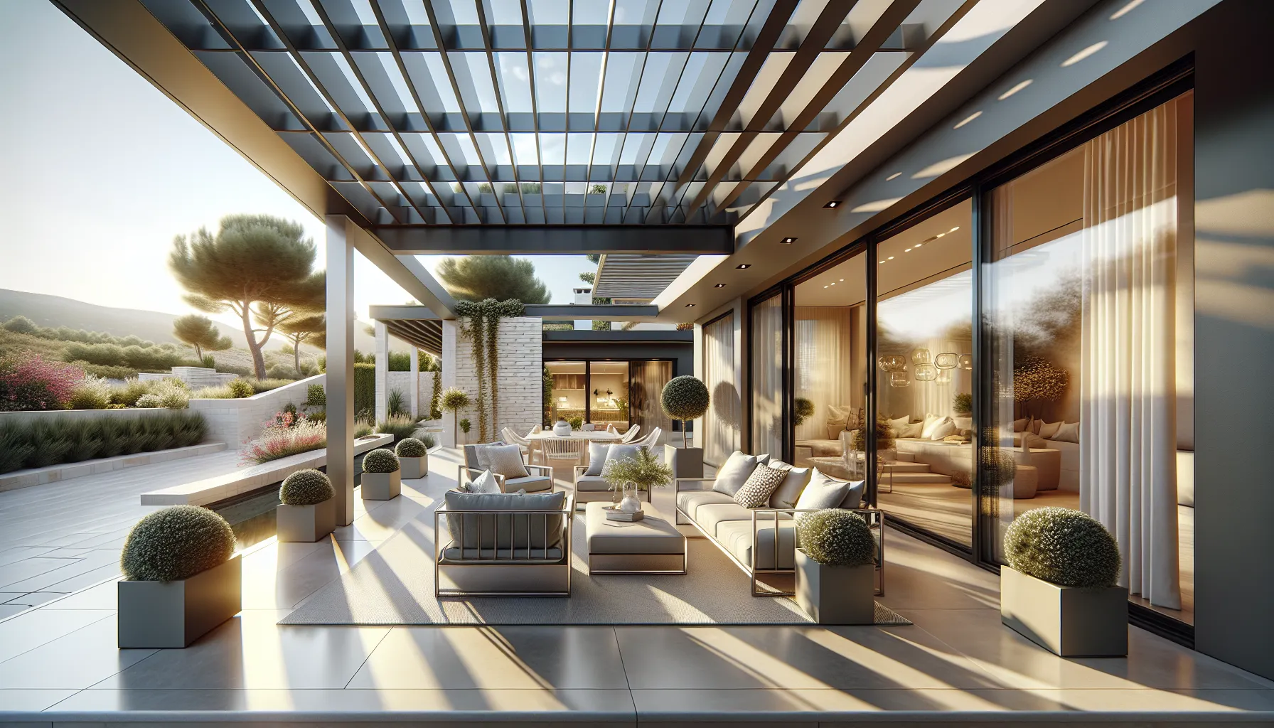 Modern covered terrace with pergola and outdoor furniture in Croatian home setting.