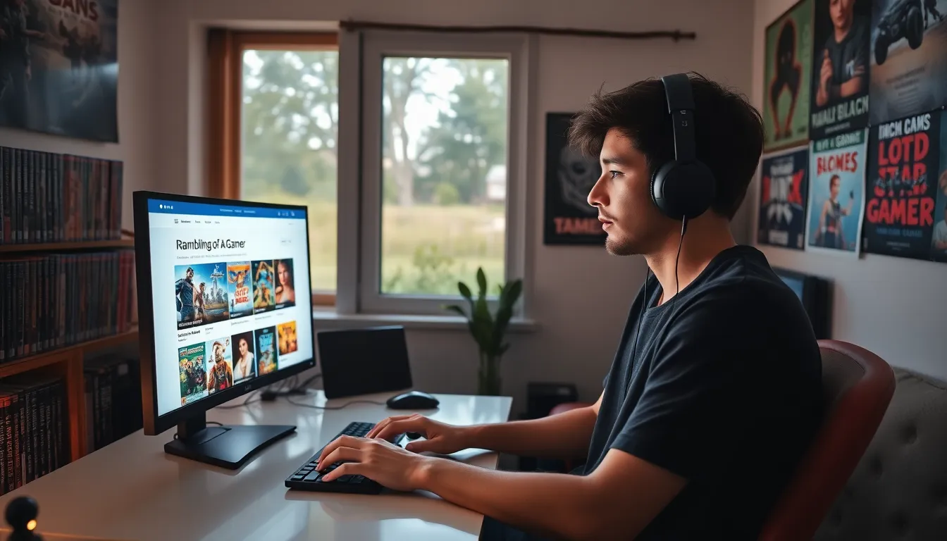 A gamer typing at a desk surrounded by gaming memorabilia.