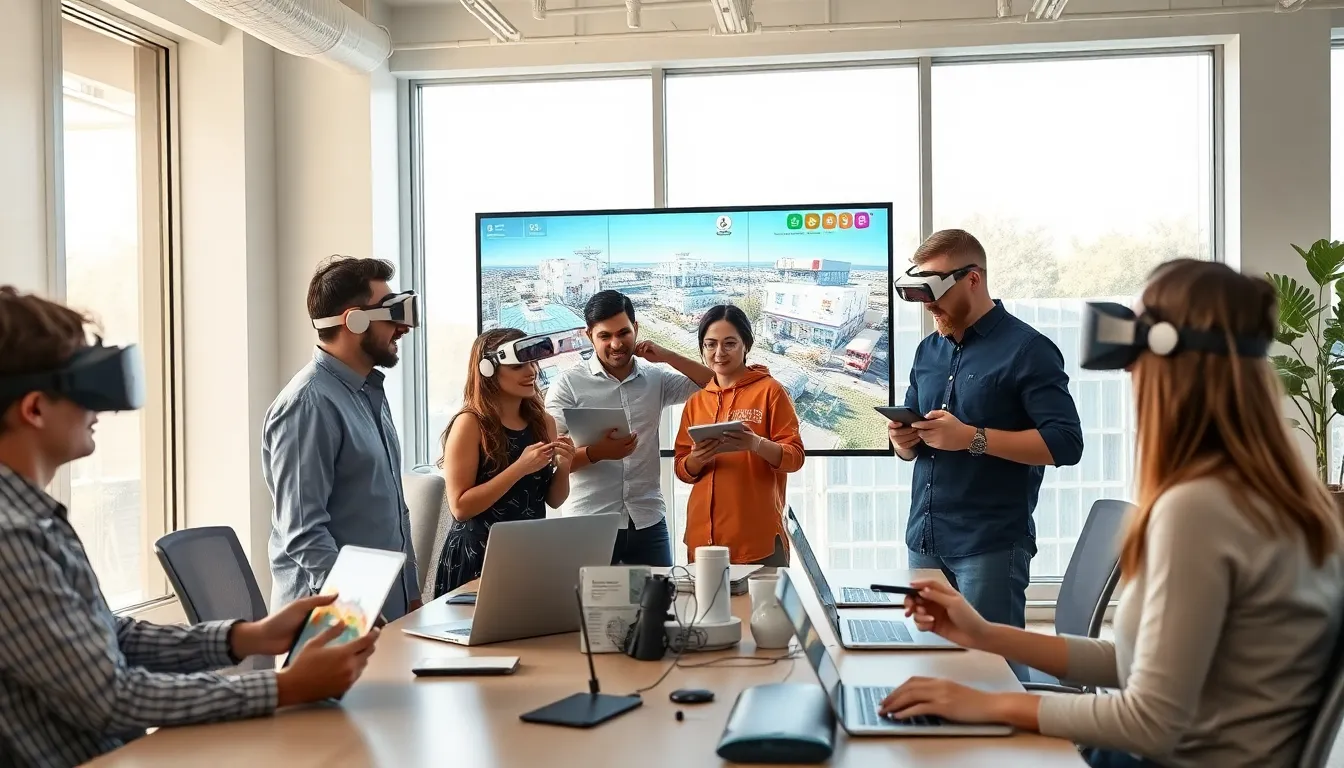 diverse team of AR developers collaborating in a modern office.