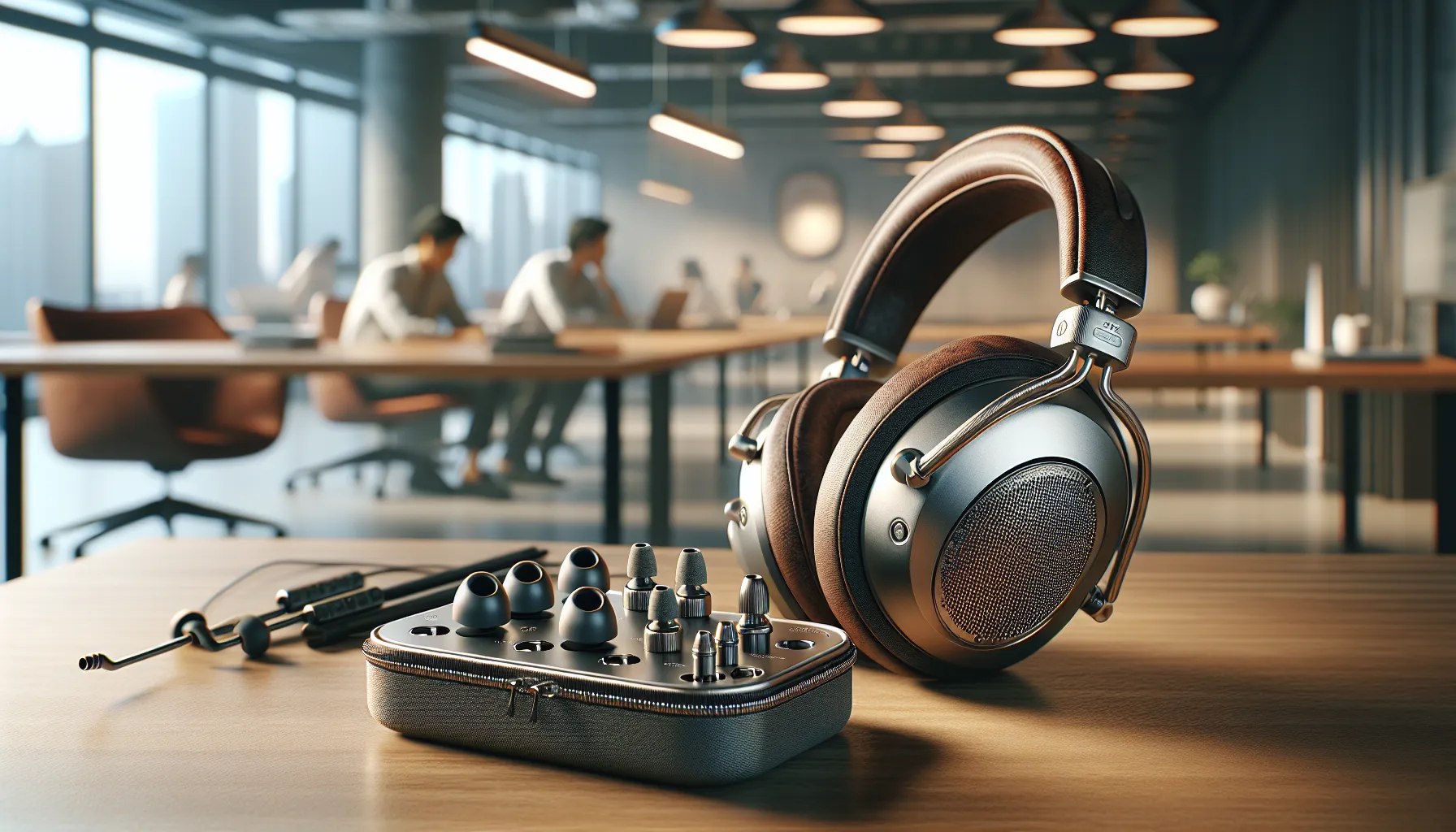 Headphones and earphones displayed in a modern workspace, highlighting their distinct designs.