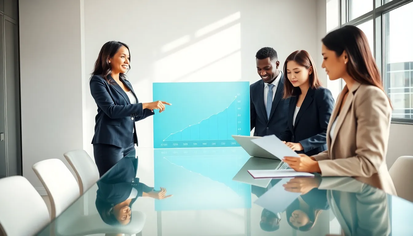 diverse professionals discussing credit scores in a modern office.