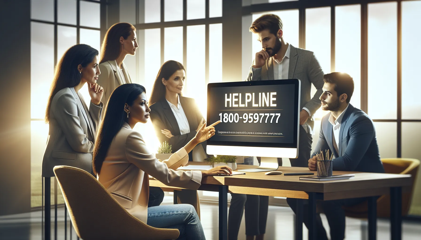 diverse team discussing a helpline in a modern office setup.