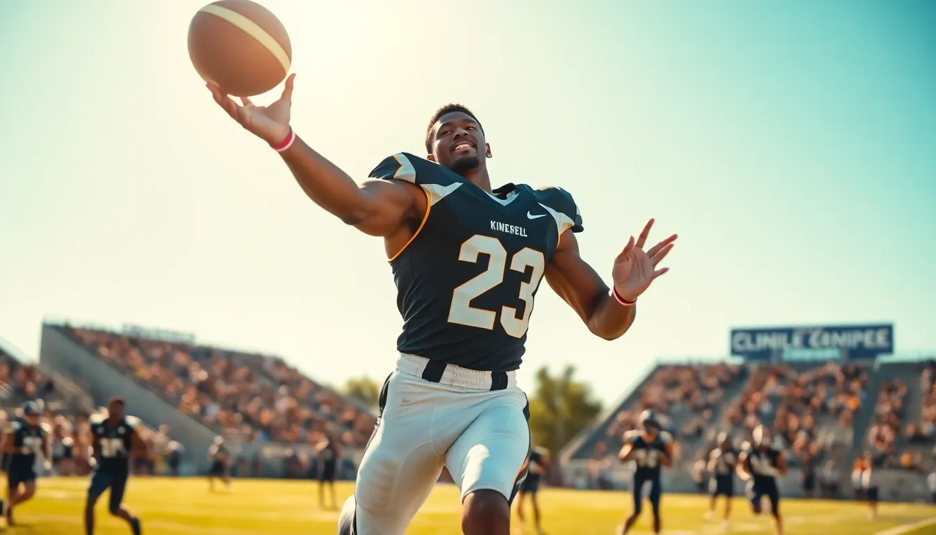 Neldanos Kimsel catching a football on a sunny sports field.