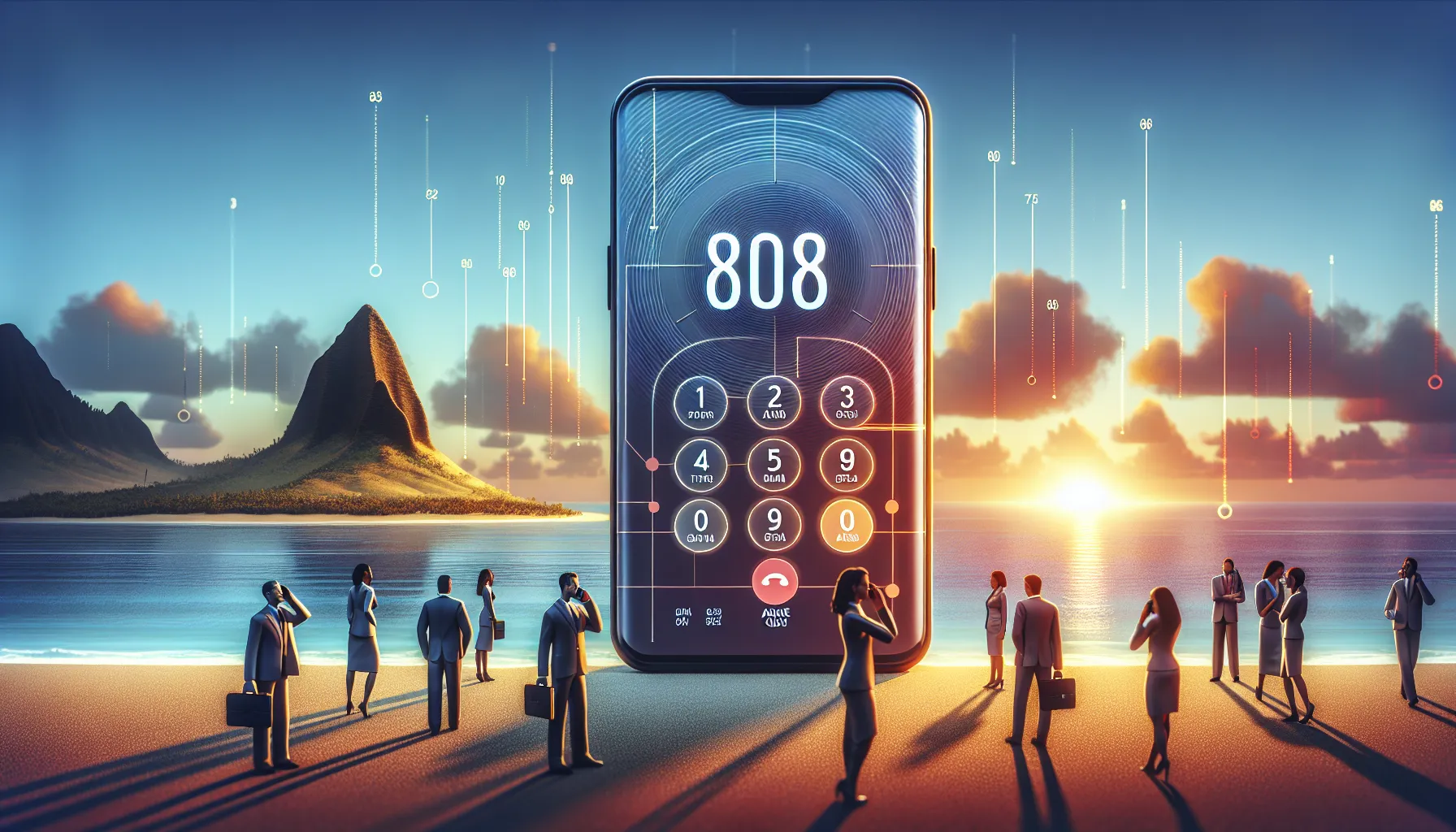 smartphone display showing area code 808 with a beach background.