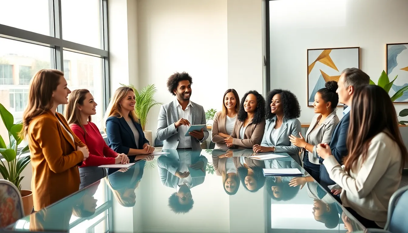 diverse team collaborating in a modern office setting.