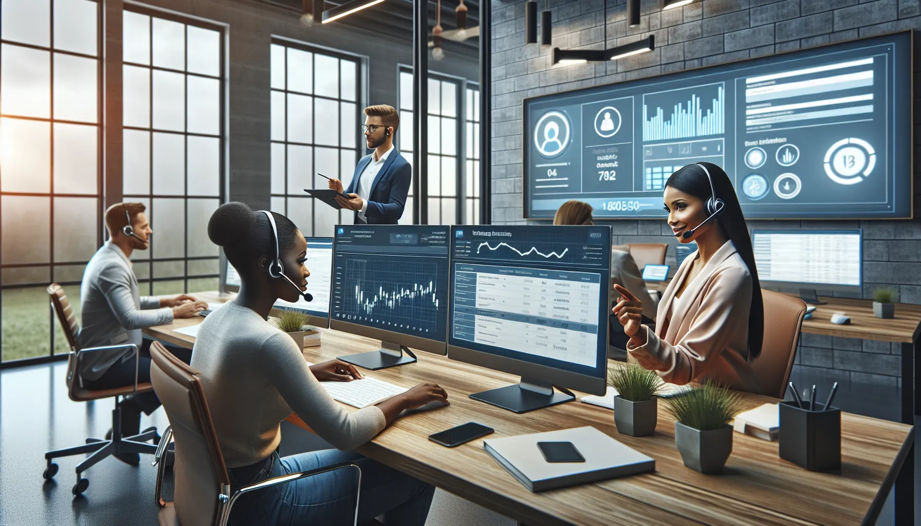 diverse team in a modern office setting addressing customer inquiries.
